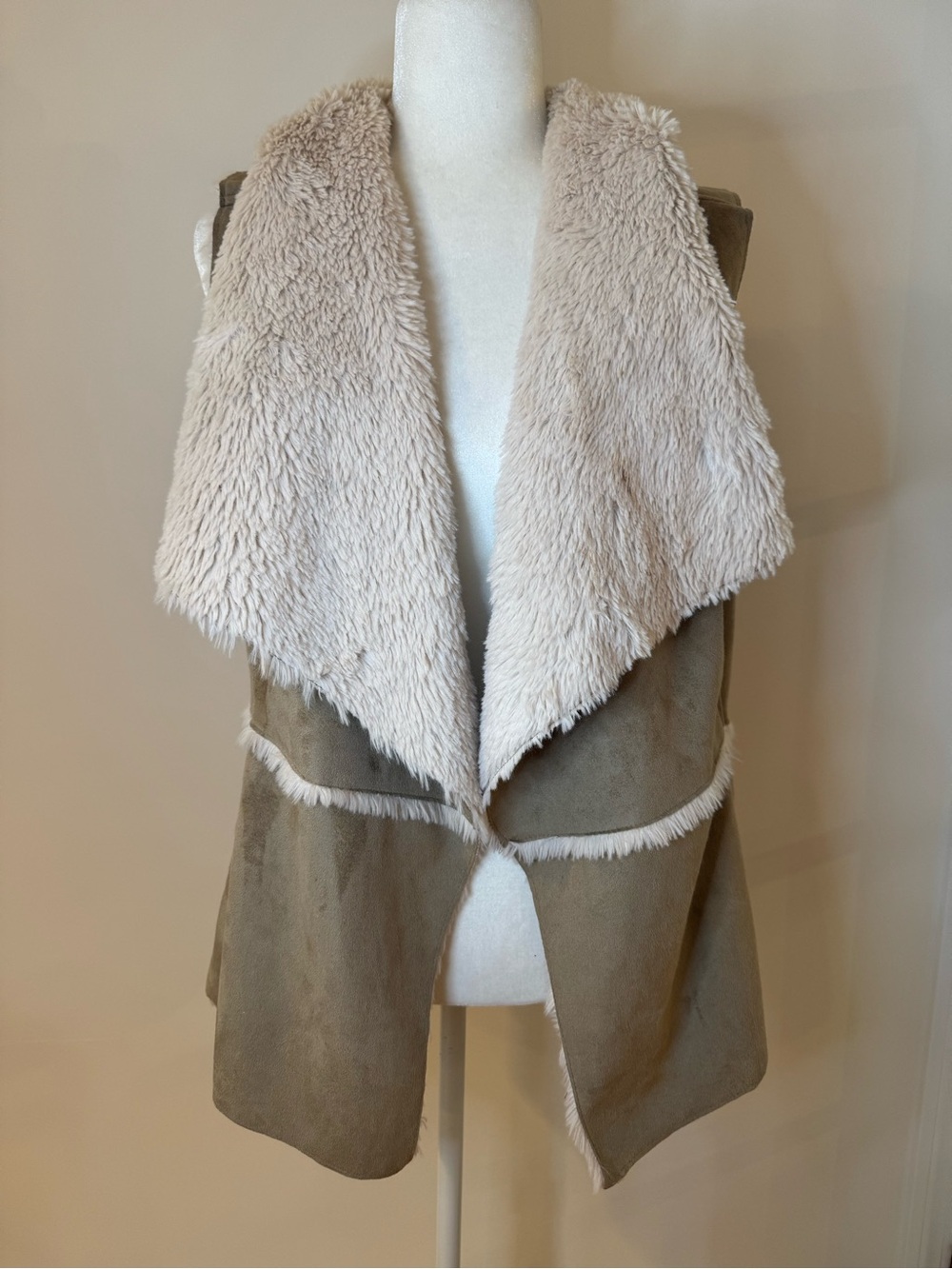 Quinn Taupe Suede-Look Vest with Cream Faux-Shearling Trim